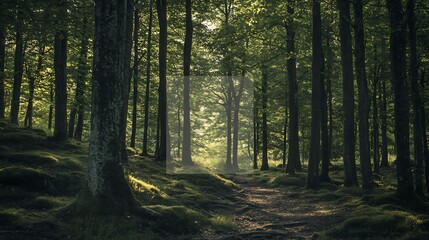 Obraz premium Enchanted Forest Pathway with Silhouetted Trees and Early Morning Sunlight : Generative AI