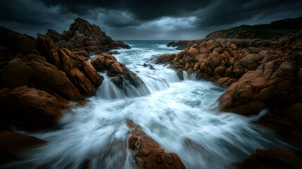 Obraz premium Dramatic coastal scene with powerful waves crashing against rugged, orange-hued rocks under a stormy sky. A breathtaking seascape.