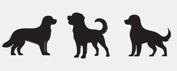 Three black dog silhouettes in different poses on a light gray background