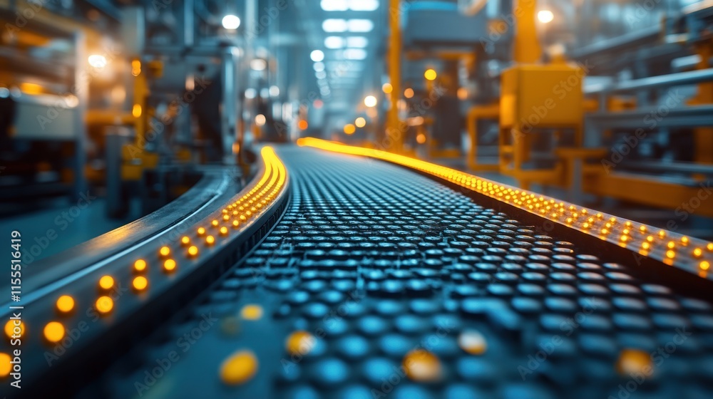 Poster automated assembly line with conveyor belt and lighting.