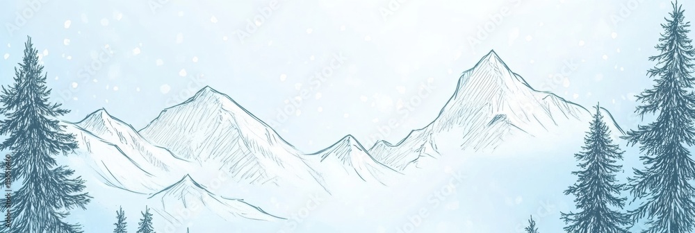 Leinwandbilder winter doodle featuring snowy mountains and pine trees with minimalist design and plenty of copy spa