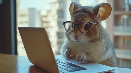 Fototapeta premium Frustrated chinchilla working on laptop in home office environment