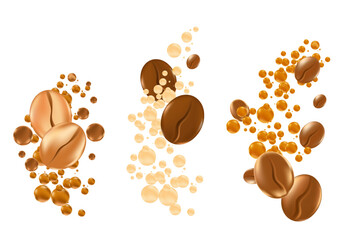 Elegant 3D floating coffee beans with fluid milk or cream bubbles splash isolated PNG, transparent background. Liquid coffee decoration for menu, coffee shop poster ads, infographic, commercial banner