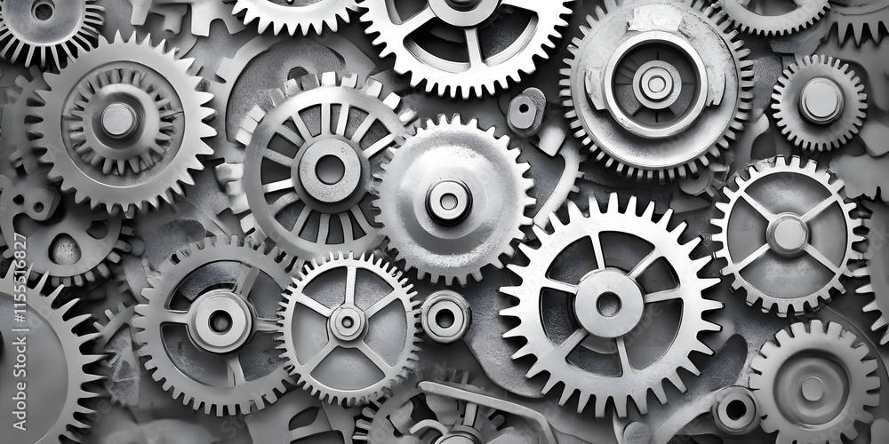 Poster a collection of interlocking gears in a mechanical arrangement.