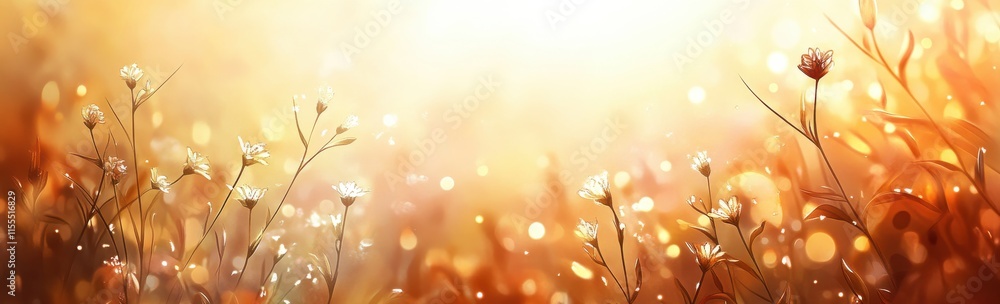 Poster serene field of wildflowers bathed in soft golden light with dreamy bokeh effect for tranquil and re