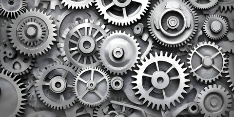 A collection of interlocking gears in a mechanical arrangement.