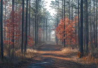 Obraz premium Serene Forest Pathway Surrounded by Tall Pine Trees and Vibrant Autumn Foliage Creating a Tranquil Nature Scene in the Early Morning Fog