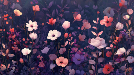 vibrant floral illustration featuring various colorful flowers and leaves against dark, moody background, creating serene and enchanting atmosphere