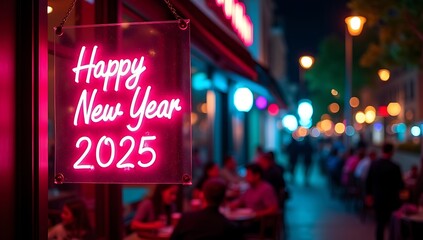 Happy New Year 2025 Neon Sign in City Night
