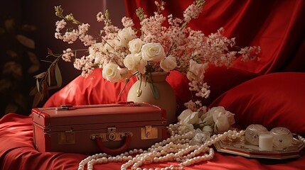 Wedding gifts WITH flowers in an elegant red bedroom,