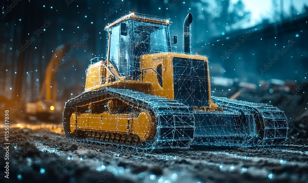 Poster a digitally rendered bulldozer on a construction site with data overlay effects.