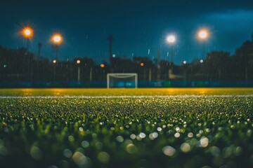 Rain-soaked soccer field at night, lights illuminate the wet grass and goal.