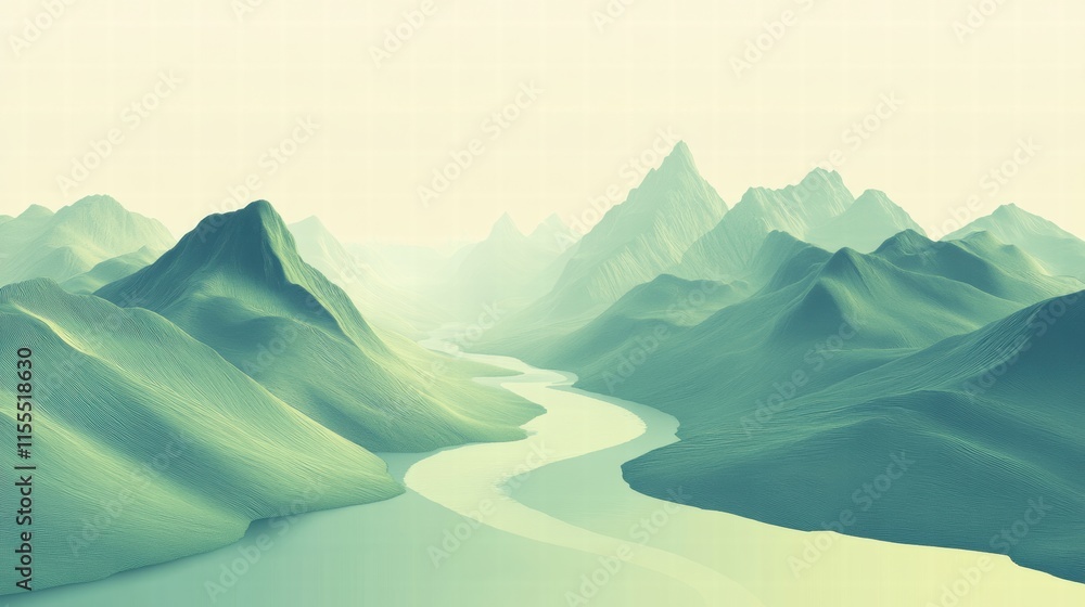 Poster winding river flows through serene mountain range with ample space for text and minimalistic design.
