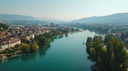Fototapeta premium Tranquil Riverside Cityscape with Hills and Historic Architecture : Generative AI