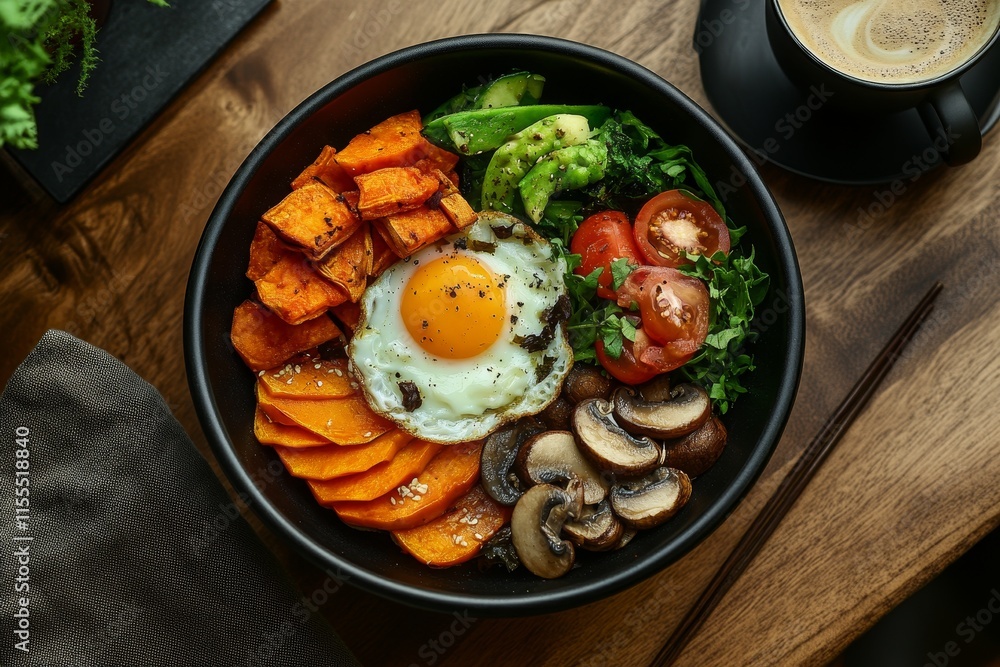 Wall mural Healthy breakfast bowl with fried egg, roasted sweet potato, avocado, mushrooms, spinach, and cherry tomatoes.