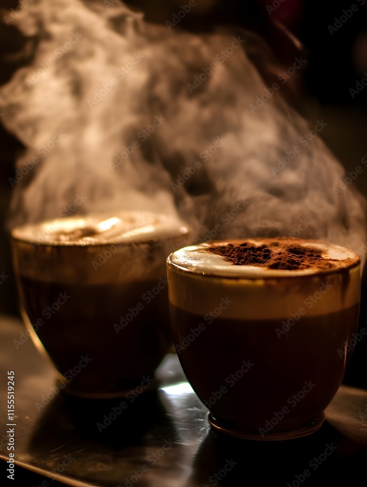 Aufkleber two steaming cups of coffee with a sprinkle of cocoa on top, creating a warm atmosphere.