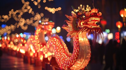 Obraz premium Illuminated Red Dragon Lanterns Lined Up for Nighttime Chinese New Year Parade : Generative AI