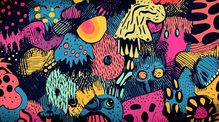 Fototapeta premium A colorful and abstract painting of various creatures and objects