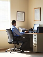 Professional Man Working on Desktop Computer in Bright Office Space : Generative AI