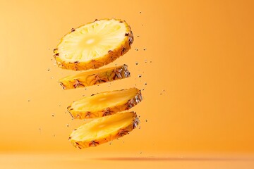 Pineapple Slices Spinning with Citrus Droplets on Smooth Orange Background