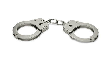 A pair of open metal handcuffs linked by a double chain.