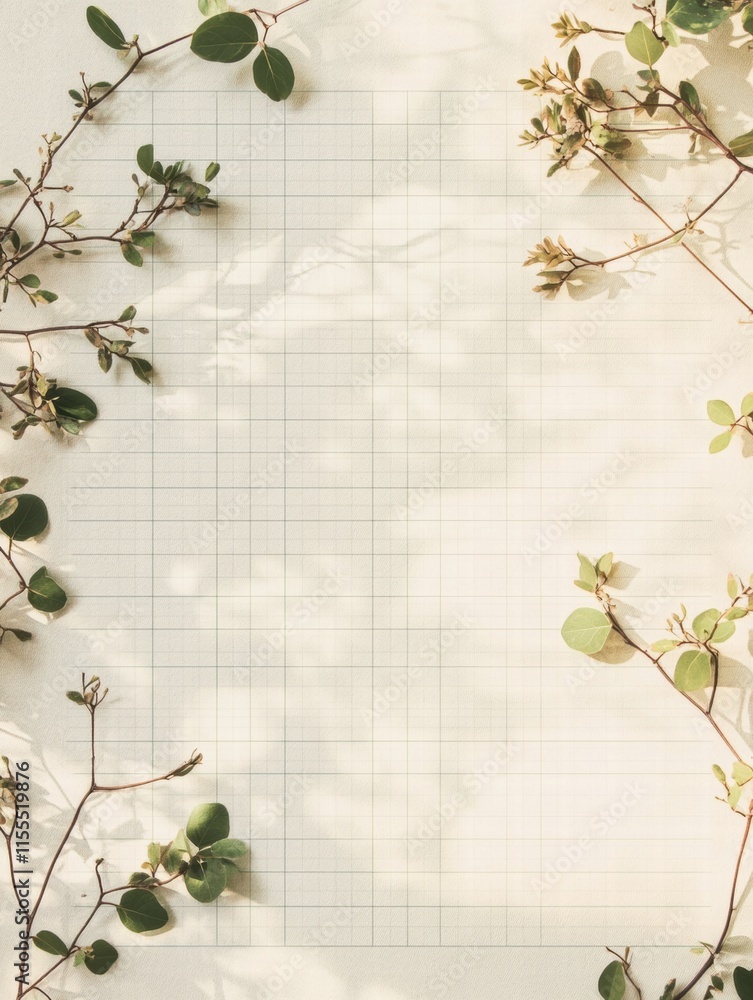 Poster minimalist planner layout with subtle grid lines surrounded by botanical elements for creative organ