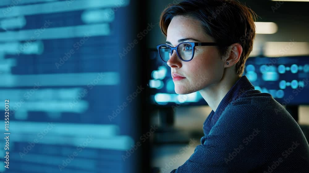 Poster focused individual analyzing data on multiple computer screens in dark environment