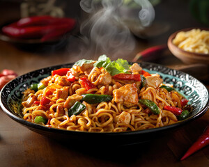 Steaming Plate of Mie Goreng Sambal Fried Noodles with Spices