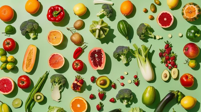 A flat lay of colorful fruits and vegetables on a green background.