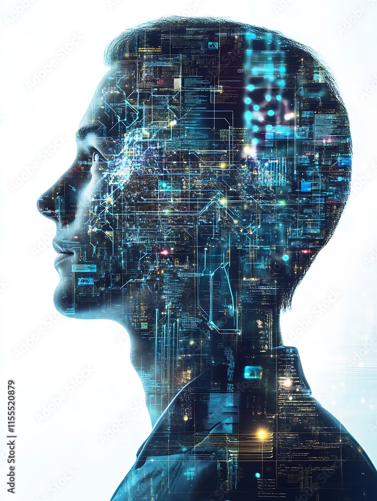 Poster Profile of Man in Futuristic Cyber Network with Digital Data Elements : Generative AI