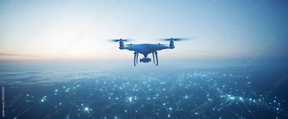Poster a drone hovering above a network of interconnected points in a digital landscape.