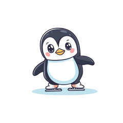 Fototapeta premium Adorable Penguin Ice Skating Cartoon Illustration