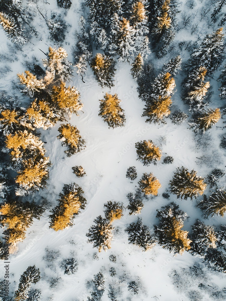 Poster aerial view of snow covered forest with sunlit trees in winter wonderland : generative ai