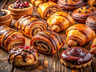Fototapeta premium Long Exposure Pastry Photography: Sweet Buns, Chocolate Puff Pastry, Croissants, Wooden Background