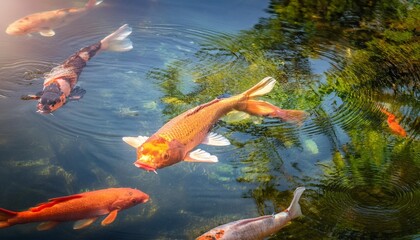 Vibrant Koi Fish Swimming Elegantly in a Tranquil Garden Pond