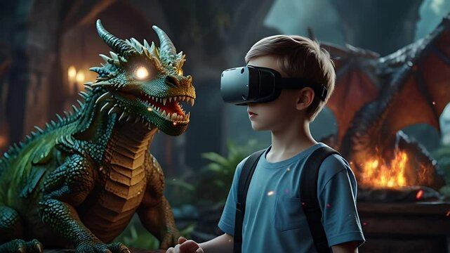 A child is using VR to see a fantasy world of dragons. Seamless 4K looping timelapse video animation background