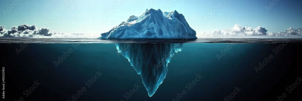 Aufkleber melting iceberg surrounded by expansive blue ocean under clear sky and soft clouds. generative ai