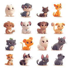 Adorable Collection of Cute Cartoon Pets: Cats and Dogs
