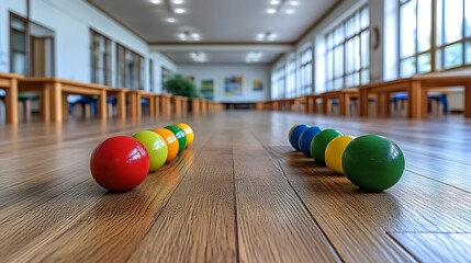 Colorful balls on wooden floor in empty classroom.