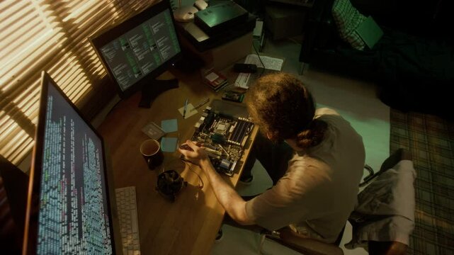 High angle shot of man modifying his computer motherboard with soldering iron at cluttered desk with two monitors displaying code