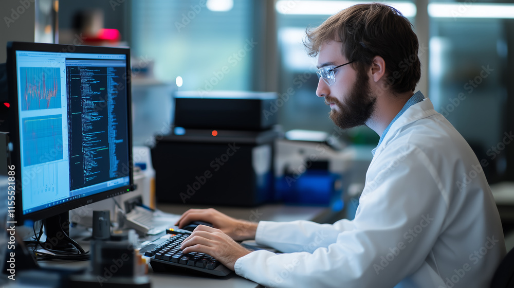 Poster researcher analyzing data on computer in laboratory environment during daylight hours