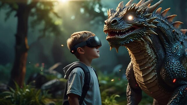 A child is using VR to see a fantasy world of dragons. Seamless 4K looping timelapse video animation background