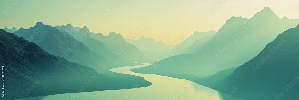 Poster serene mountain range with a winding river flowing through a tranquil landscape at dawn. generative 