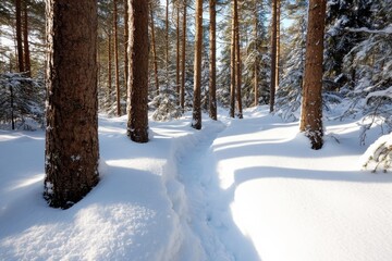 A captivating narrow path winding through a snowy pine forest, inviting exploration and offering a glimpse into a peaceful winter landscape filled with serenity.