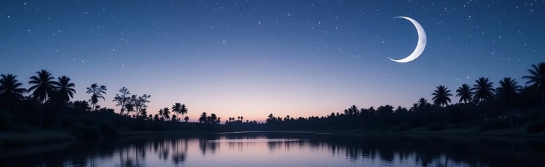 Serene Nightscape: Palm Trees, Crescent Moon, and Starry Sky Reflecting on Still Water