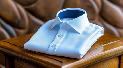 Neatly Folded Light Blue Dress Shirt on Wooden Nightstand