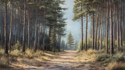 Fototapeta premium Artistic Woodland Trail Painting with Realistic Pine Trees and Soft Natural Light : Generative AI