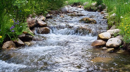 Fototapeta premium Lively Mountain Stream Flowing Over Rocks Amidst Wildflowers and Green Foliage : Generative AI