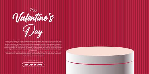 Realistic red 3D cylindrical podium background for valentine's day banner. Valentine's day minimal scene for products showcase, Promotional display. Vector room platforms.