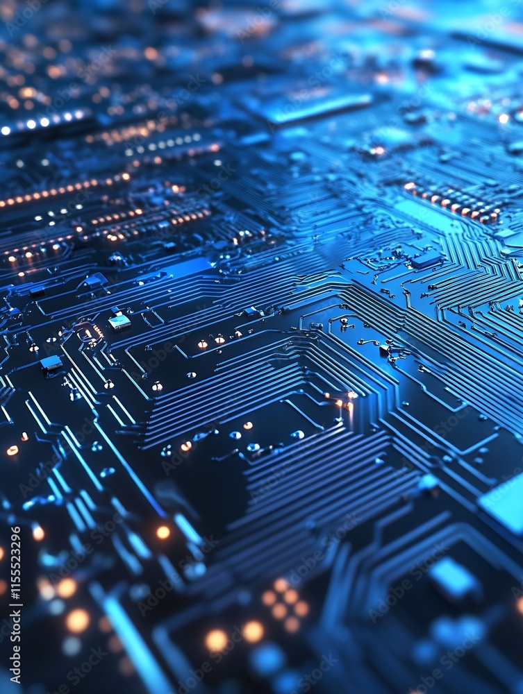 Poster detailed electronic circuit board with integrated systems and blue lighting : generative ai